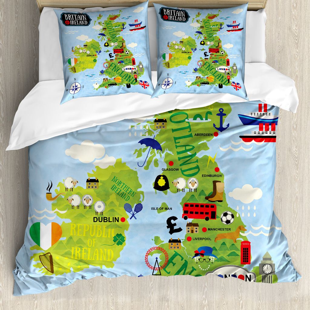 ABAKUHAUS Fernweh Bettbezug, Landkarten von Großbritannien Irland, Milbensicher Allergiker geeignet mit Kissenbezügen, 200 cm x 200 cm - 80 x 80 ...