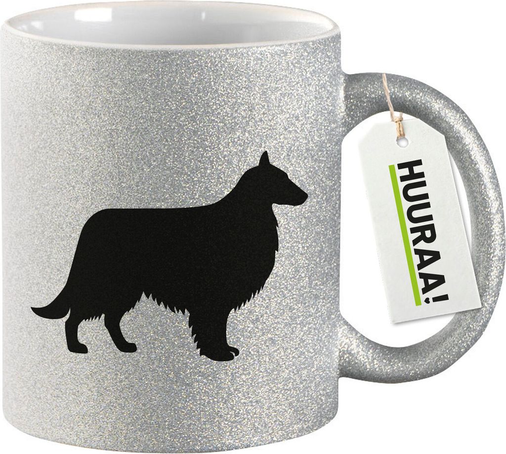 Huuraa Glitzer Tasse Collie Sheltie Silhouette Geschenk 330ml Silber Collie Sheltie Präsent