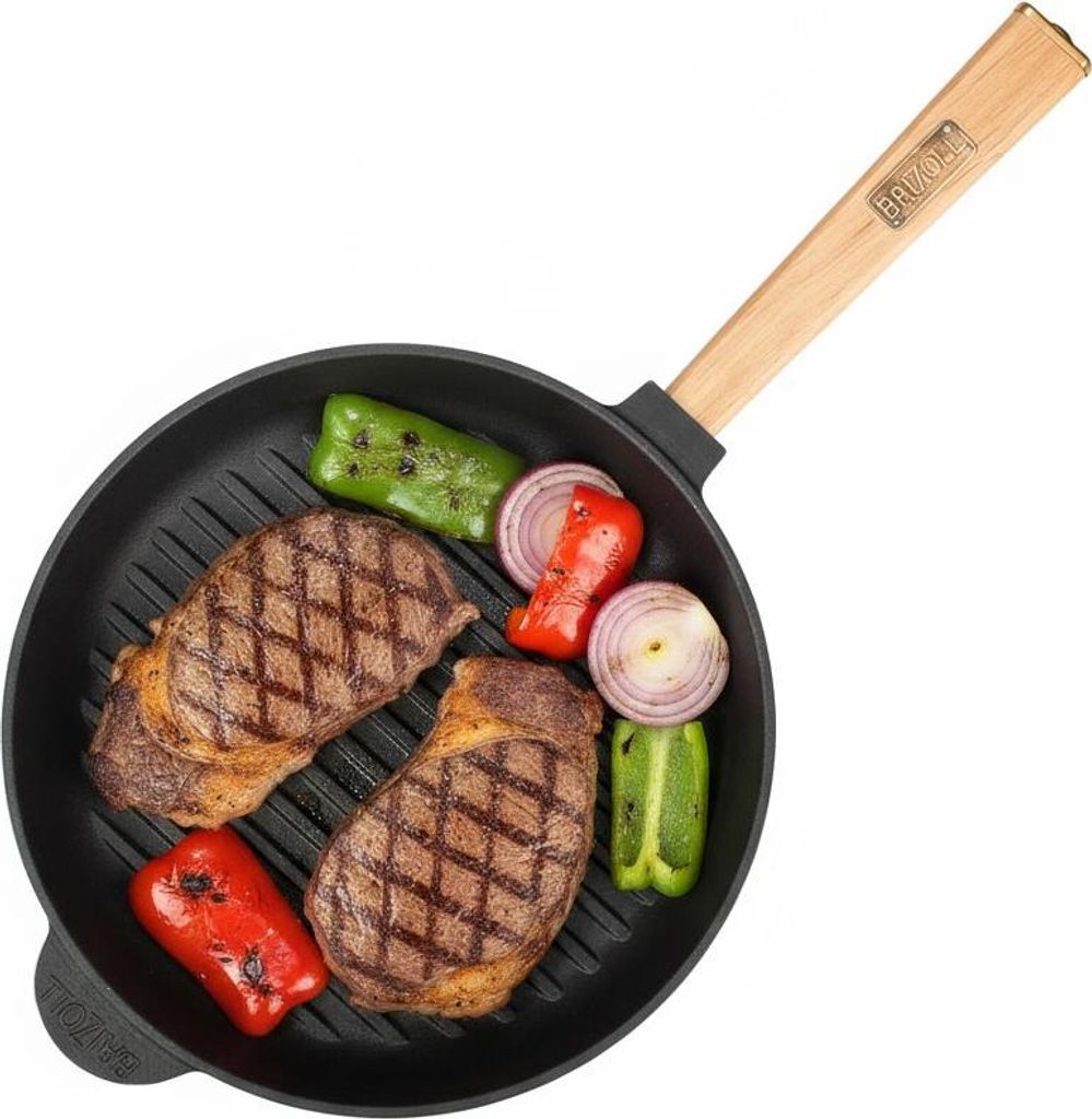 Ø28 cm Grillpfanne aus Gusseisen Steakpfanne Bratpfanne Holzgriff Gusseisenpfanne Feuerpfanne Gusspfanne Cast Iron Pan alle Herdarten Induktion