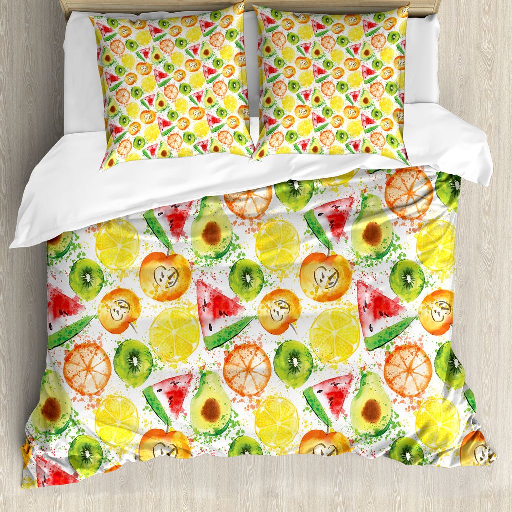 ABAKUHAUS Obst Bettbezug, Wassermelone Kiwi Avocado, Milbensicher Allergiker geeignet mit Kissenbezügen, 155 cm x 220 cm - 80 x 80 cm, Mehrfarbig