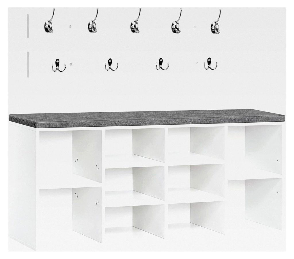 Schuhbank mit 10 Fächern und Garderobe, Schuhregal mit gepolsterter Sitzfläche und Stauraum, Wandgarderobe mit 9 Haken, Schuhschrank für Flur, E...