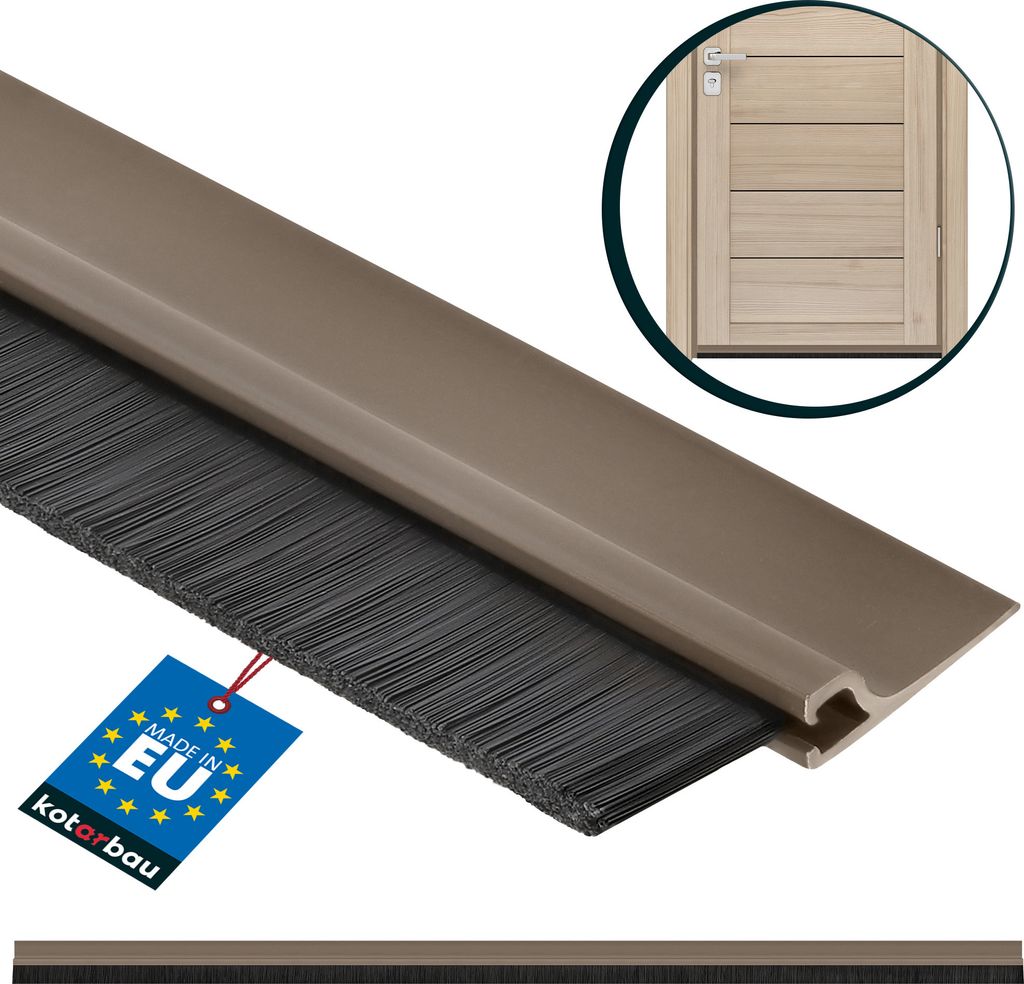 A close-up of a brown brush seal strip with a small inset image of a wooden door.