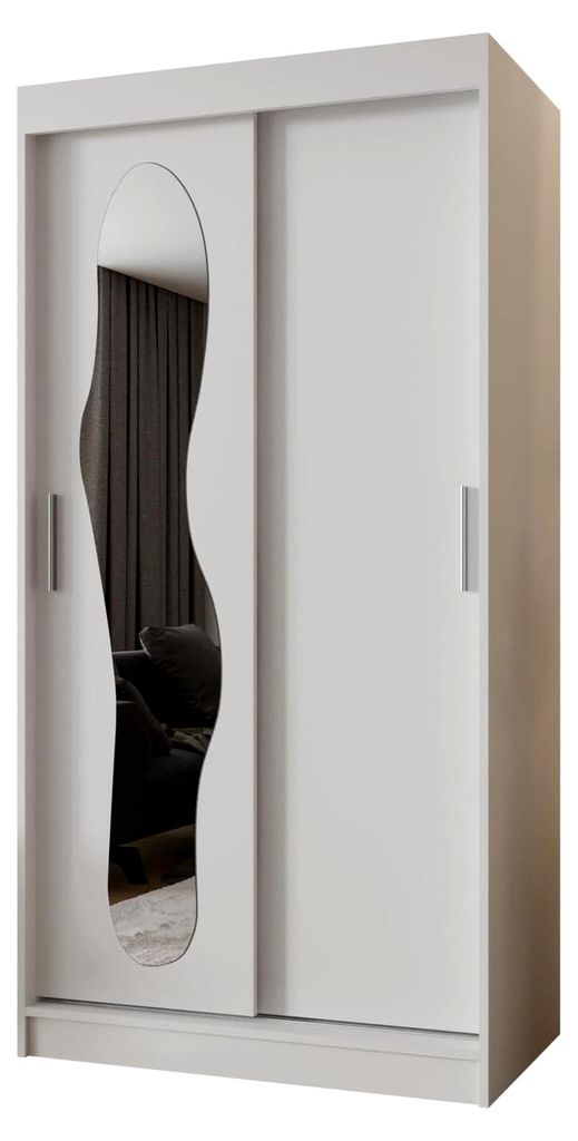 Schlafzimmerschrank mit zwei Schiebetüren – moderner Aufbewahrungsschrank mit Kleiderstange und Regalen – 100x200x62cm - Mattweiß