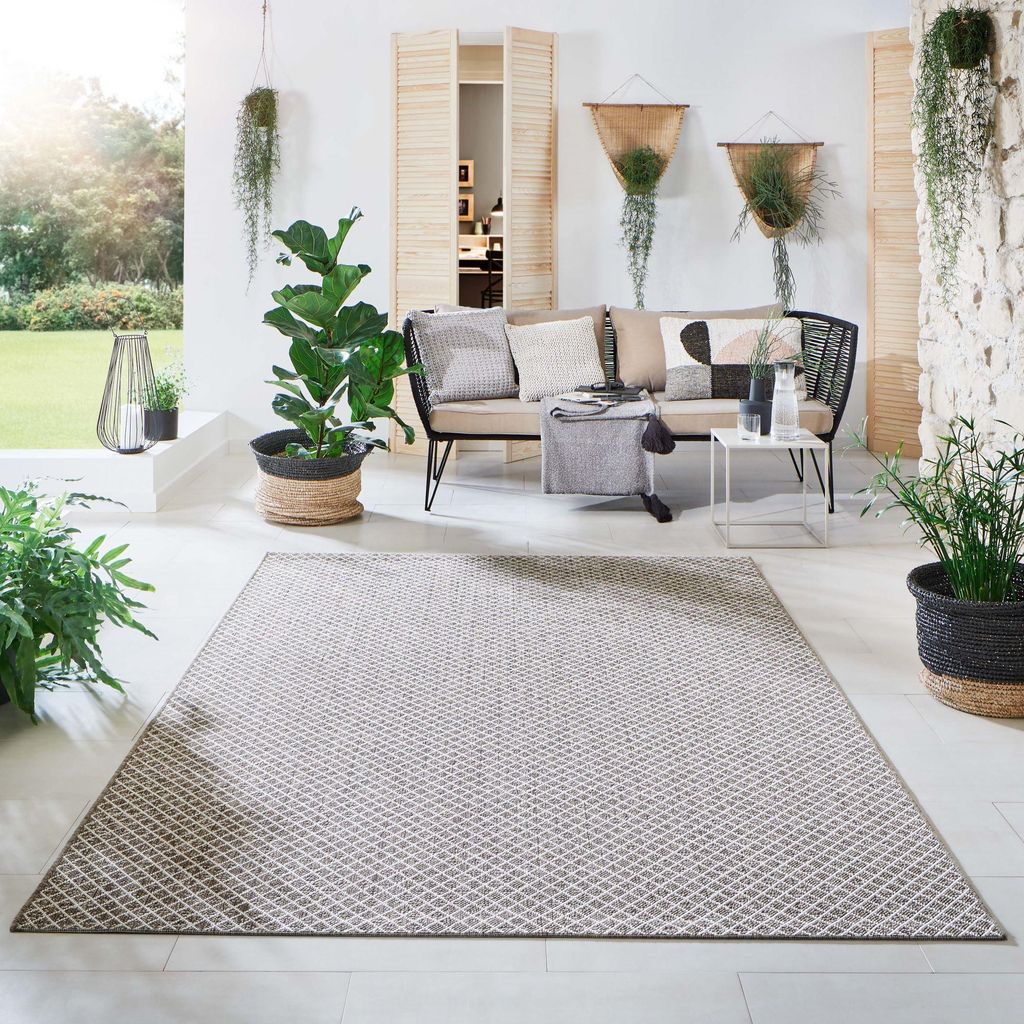 Steffensmeier Indoor Outdoor Teppich Öland Balkon Terrasse Küche Garten wasserfest Kunststoff, strapazierfähig , Raute Braun Beige, 80x150 cm