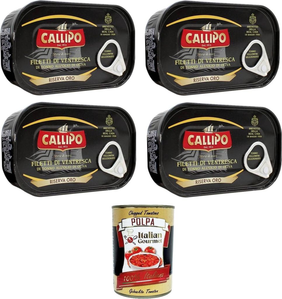 Callipo Filetti di Ventresca di Tonno all'olio di oliva Thunfischbauchfilets in Olivenöl 4x125gr + Italian Gourmet polpa 400g
