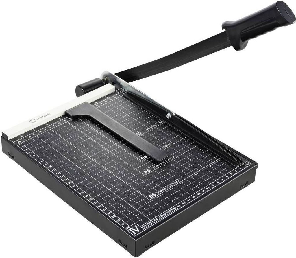 A black paper trimmer with a silver blade and a black handle is shown on a white background.