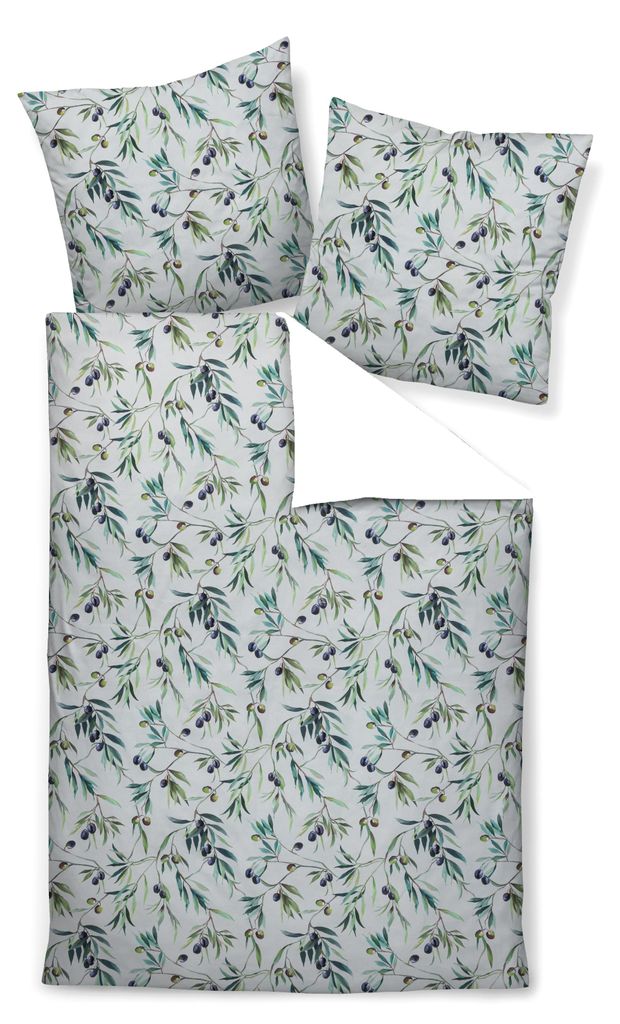 Janine Modern Art Mako Satin Bettwäsche - Olivenzweige 135 x 200 cm Olivenzweige auf weißem Hintergrund