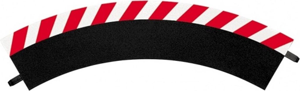 A single curved track piece with red and white diagonal stripes on the outer edge.