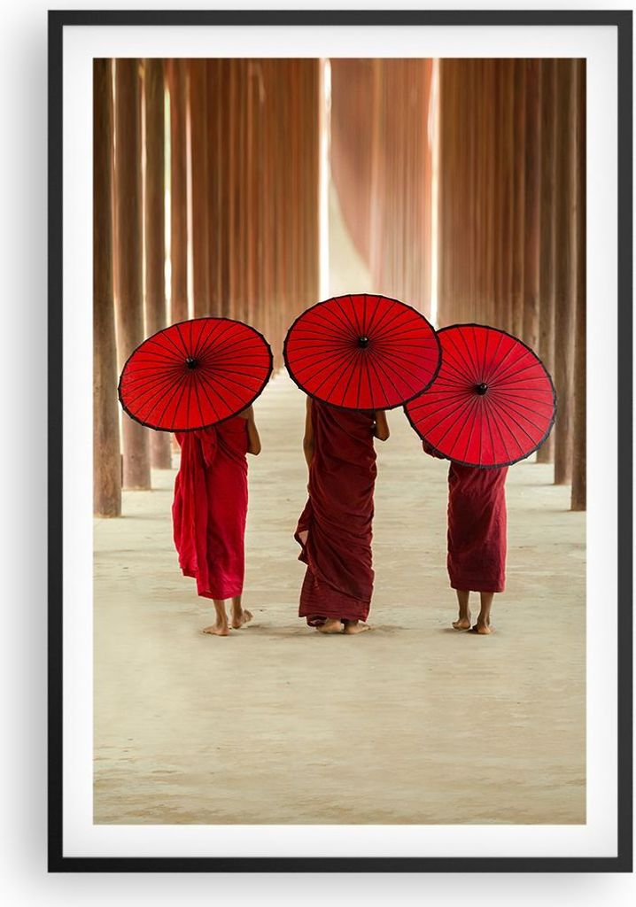 Gerahmtes Poster - Schwarzer Rahmen - Bhutan Regenschirm Rot - 61x91,5 cm - Wand Bild - Wanddeko - Wandbilder - Kunstposter - Wandposter - Bilderra...
