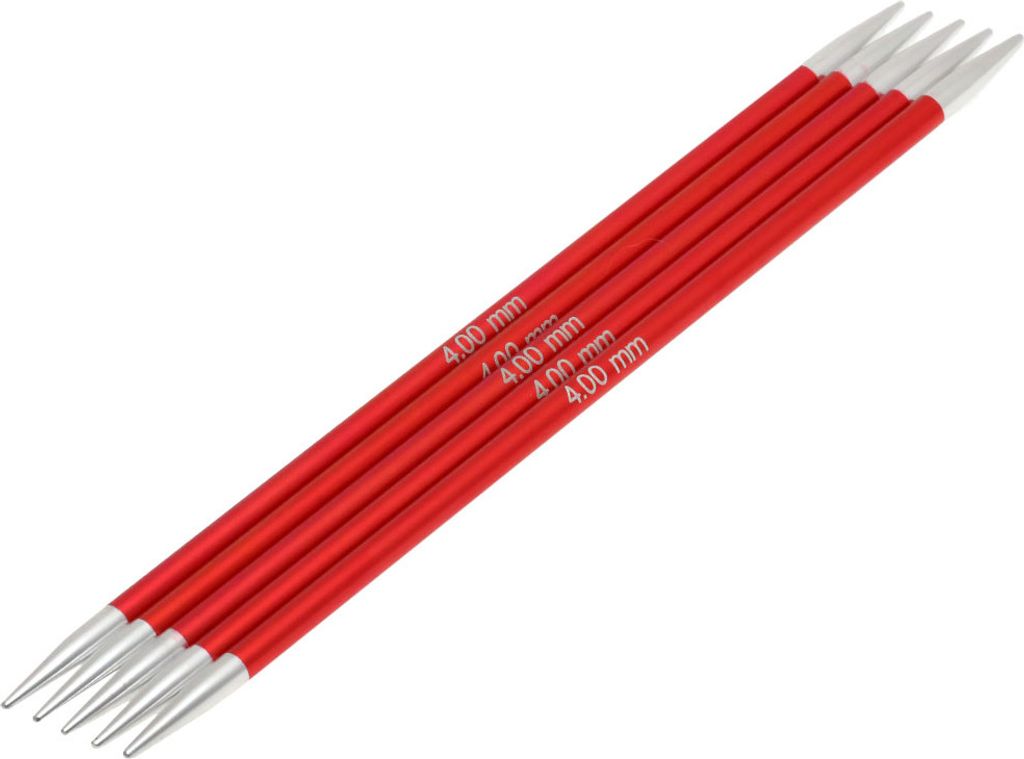 A set of red knitting needles with silver tips, laid out diagonally on a white background.