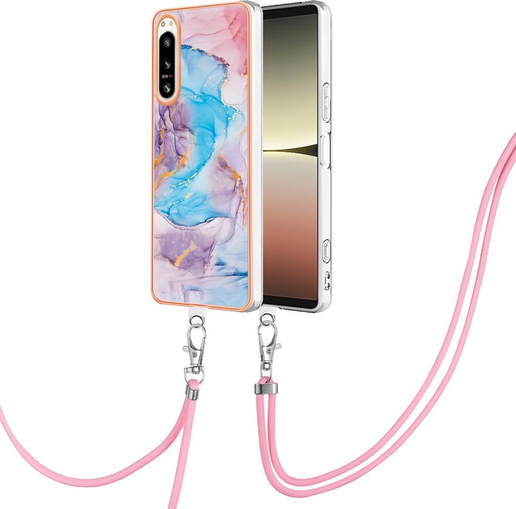 Handykette Hülle für Sony Xperia 5 IV Muster TPU Schutzhülle mit verstellbarem Tragegurt Blau