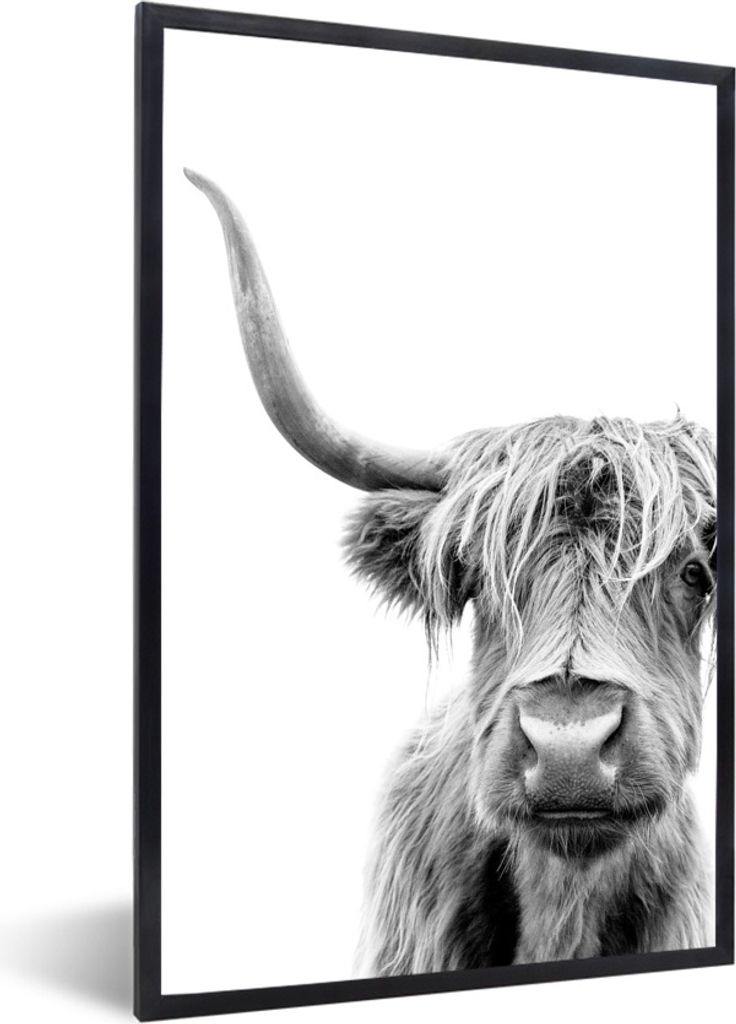 MuchoWow Gerahmtes Poster Schottischer Highlander - Tiere - Schwarz - Weiß 40x60 cm - Poster mit Schwarzem Bilderrahmen Wandposter Rahmen Foto B...