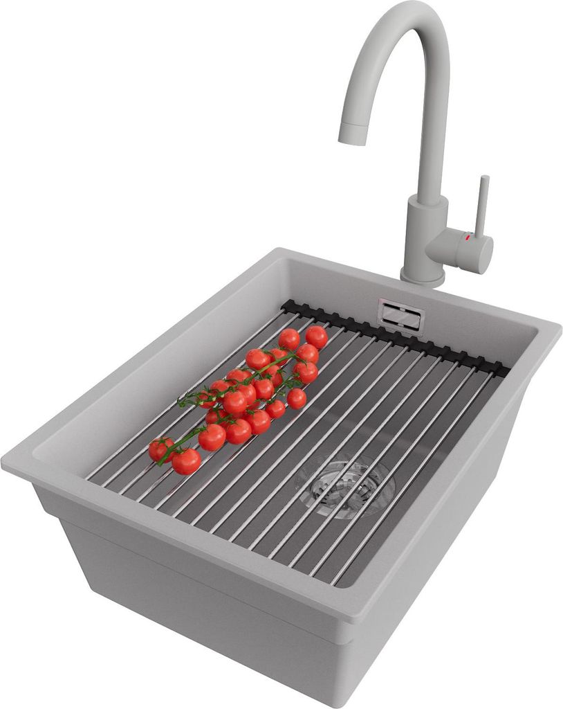 PRIMAGRAN Unterbauspüle Granit Grau 36x47cm, Spülbecken 1 Becken + Ablauf-Set + Küchenzubehörset, Granitspüle ab 40er Unterschrank - Praga