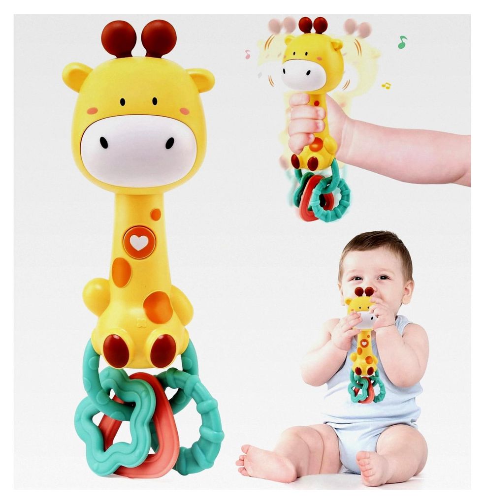Baby Rasseln und Greiflinge, Musikalisches Spielzeug für Babys ab 6 Monaten, Giraffen Rasselspielzeug mit Beißring und Lichtern, Montessori Motor...