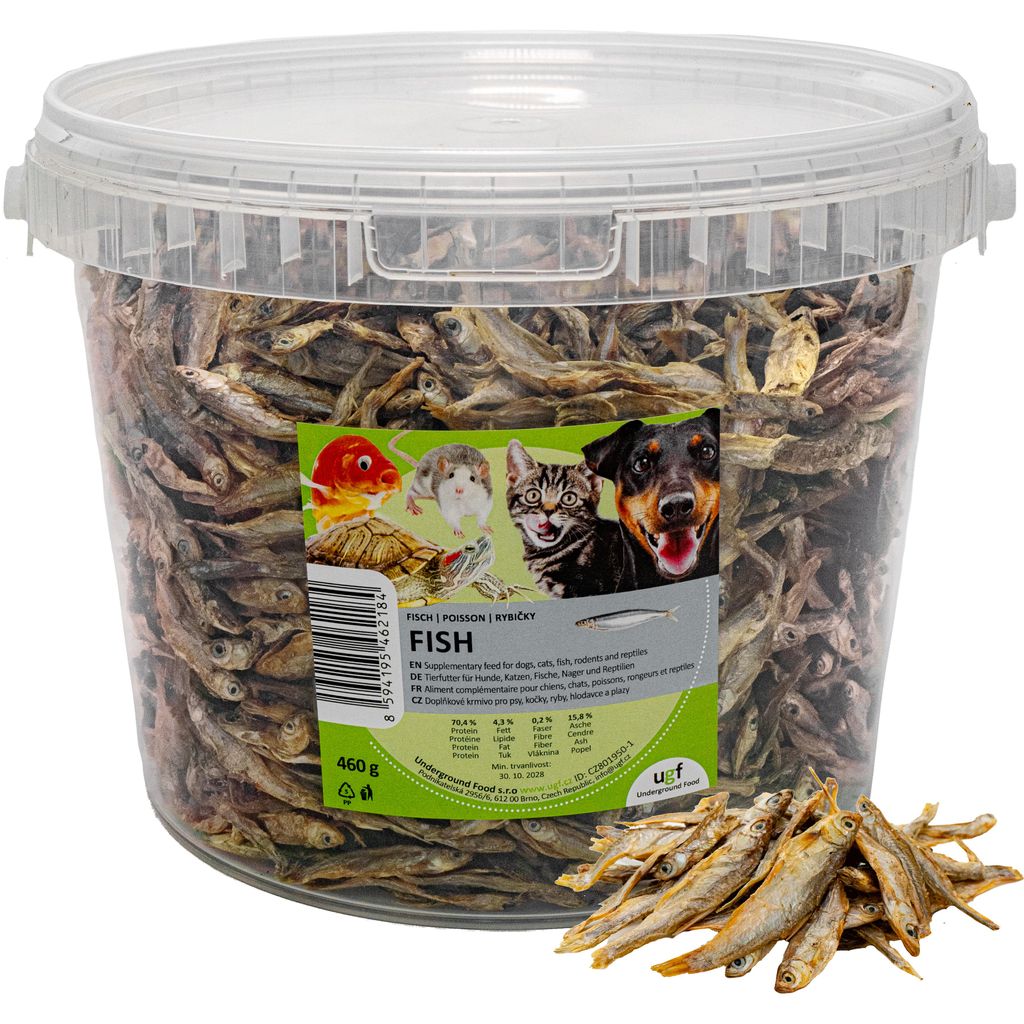 UGF Getrockneter Fisch 460g (3L Eimer) Proteinreiches Hundeleckerli, Getreidefrei, Hypoallergen, Diätetisch, Trainingsleckerli, Kauartikel