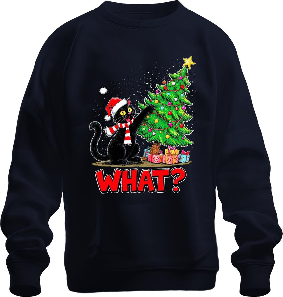 WHAT? schwarze Katze Weihnachten lustig Weihnachtsbaum Geschenke Uni Sweatshirt Pullover, Navy, L