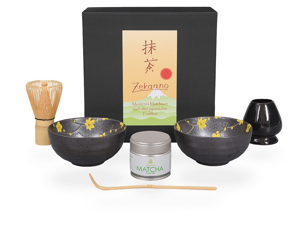Matcha Set / Matchaset / 2x Matcha Schale 250ml, anthrazit/gelb, mit Besen/Löffel/Halter/Tee in Geschenkbox