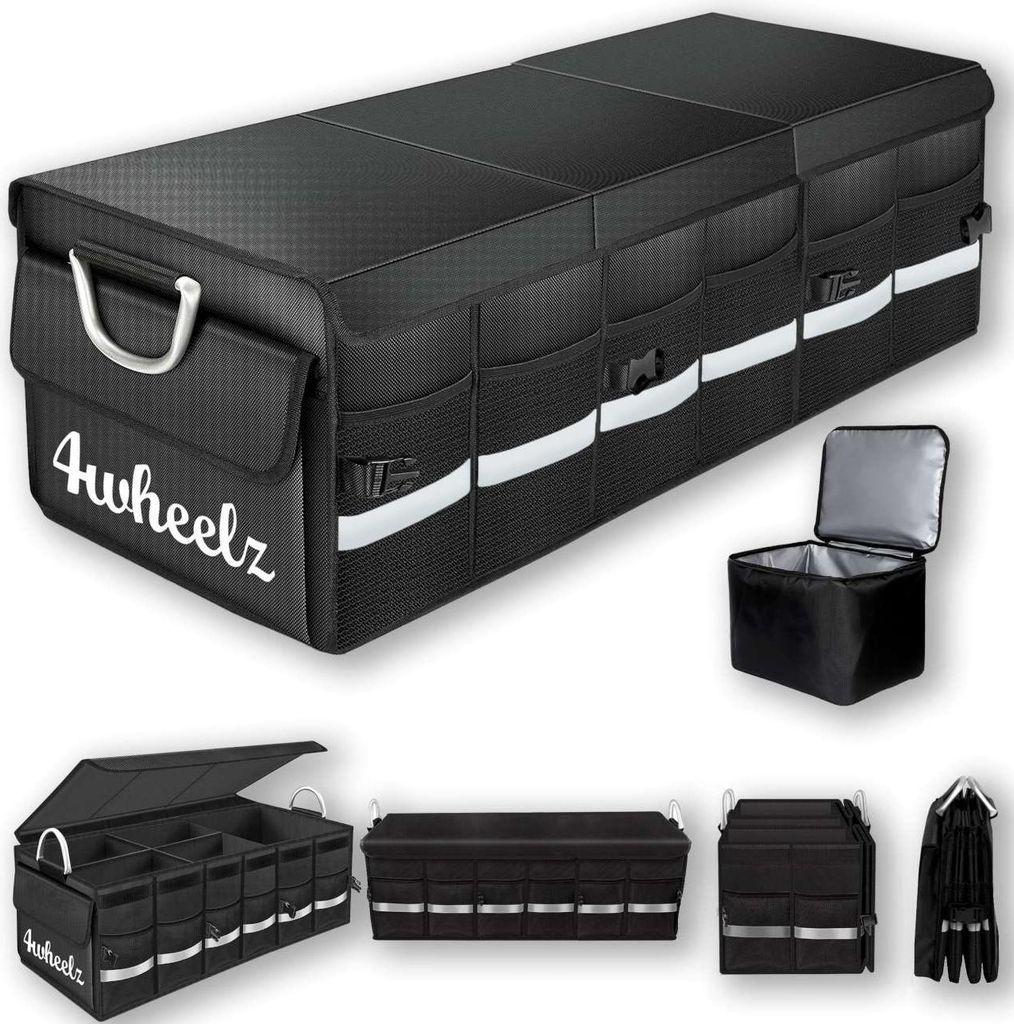 A collage of images showing a black car trunk organizer and its accessories.
