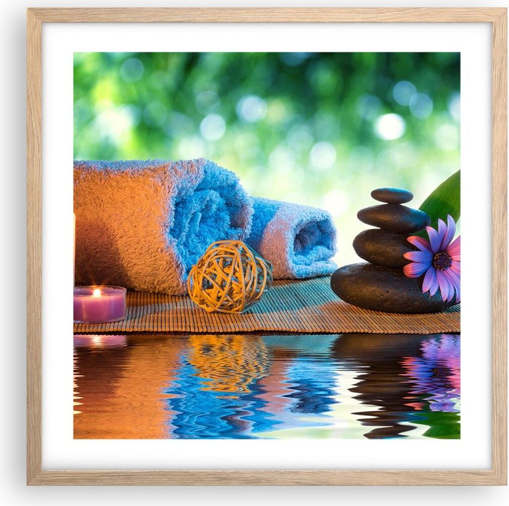 Gerahmtes Poster - Rahmen in heller Eiche - Natur Entspannung Spa Kerzen - 50x50 cm - Wand Bild - Wanddeko - Wandbilder - Wandposter - Bilderrahmen...