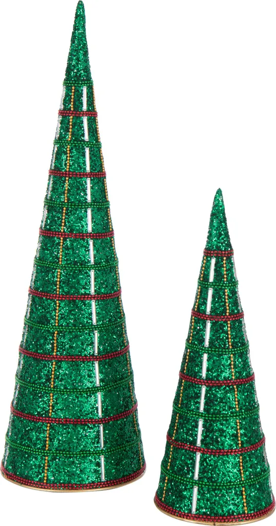 J-Line Set de 2 Cônes en Fer et Perles Vert Émeraude - Déco de Noël