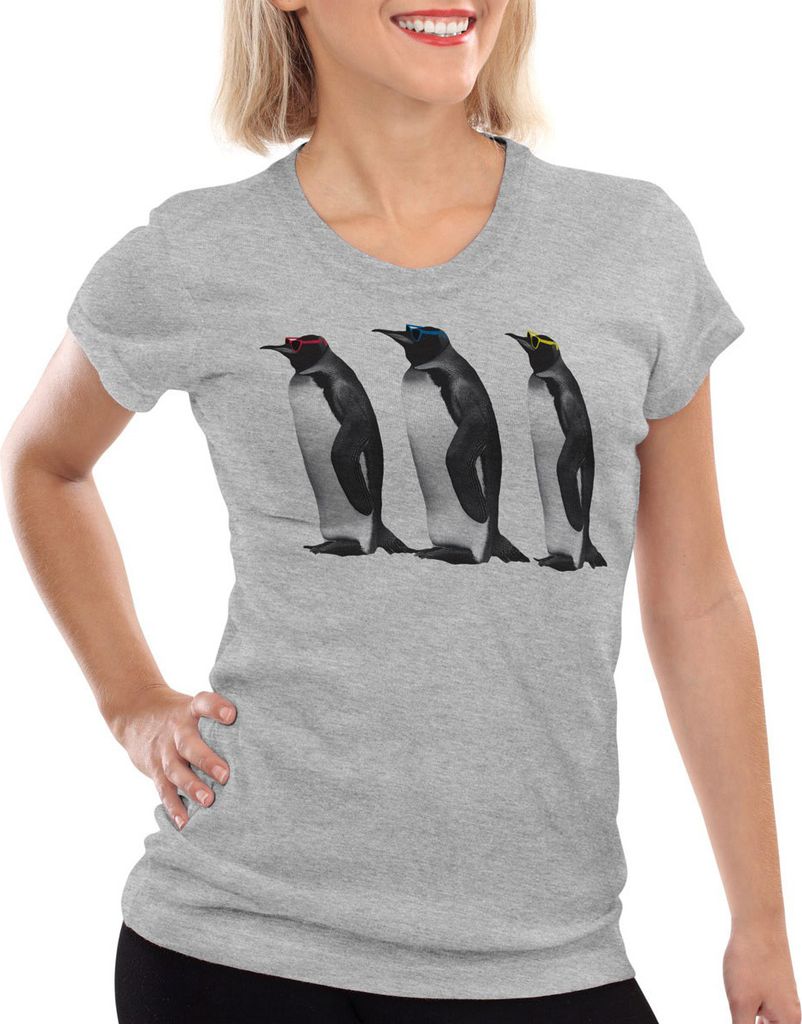 style3 3 Pinguine Sheldon T-Shirt Damen, Farbe:Grau meliert, Größe:M