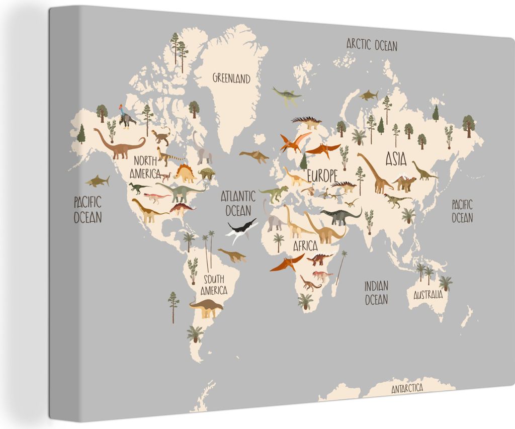 OneMillionCanvasses - Leinwandbilder - 140x90 cm, Weltkarte - Kinderzimmer - Dinosaurier - Jungen - Mädchen - Kinder, Wandbilder Kunstdruck Wand...