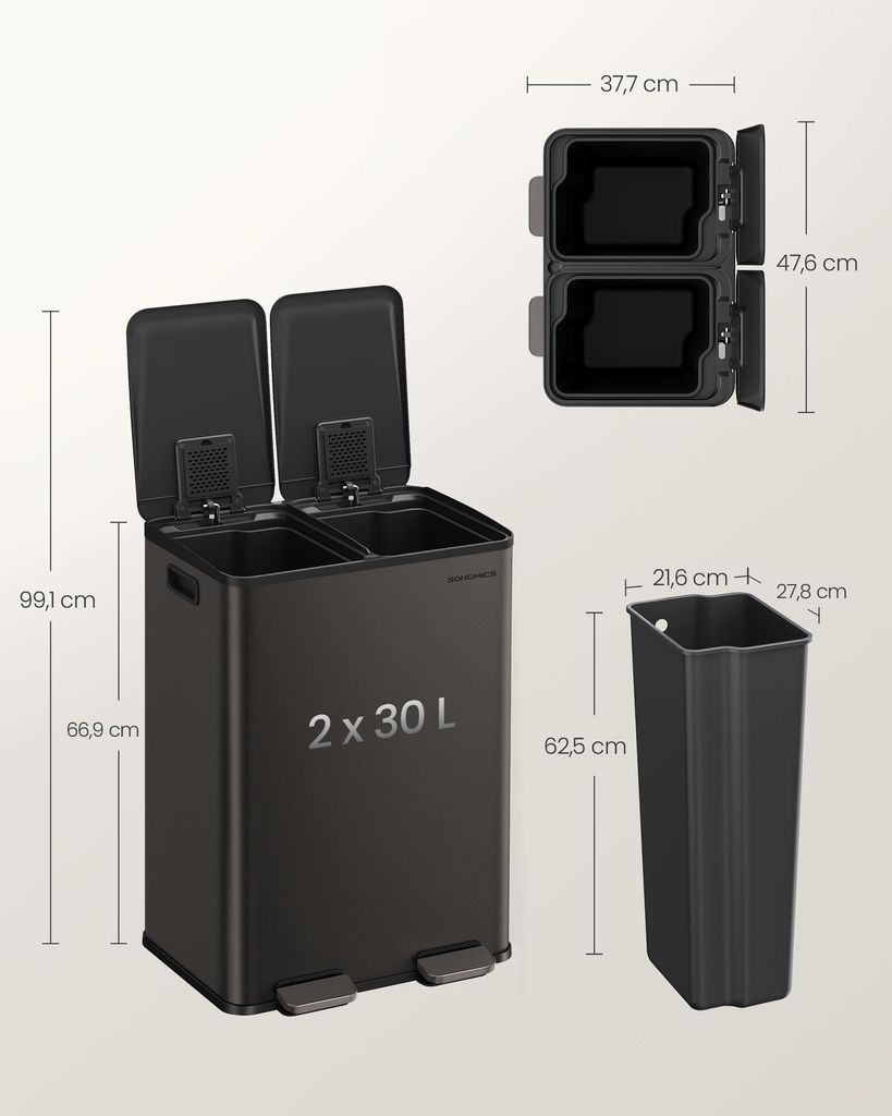 Kuchyňský odpadkový koš, 2 x 30 litrů, 2 přihrádky, Obrázek produktu 