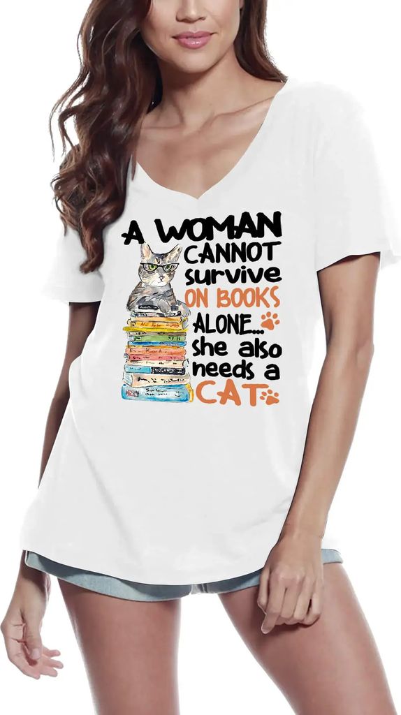 Damen Grafik T-Shirt V-Ausschnitt Eine Frau kann nicht nur von Büchern leben sie braucht Katzen – A Woman Can Not Survive On Books Alone She Needs