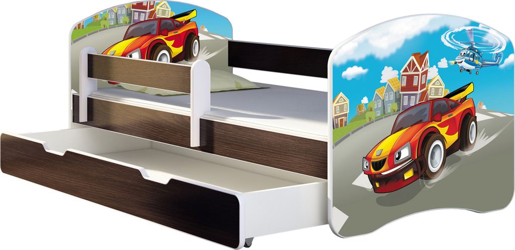 ACMA Jugendbett Kinderbett Junior-Bett Komplett-Set mit Matratze Lattenrost und Rausfallschutz Wenge 03 Racing Car 160x80 + Bettkasten