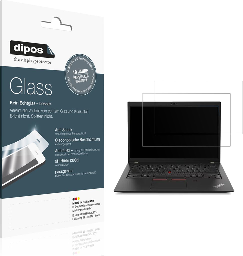 2x Schutzfolie für Lenovo ThinkPad T480s matt - Anti-Shock 9H Folie dipos Glass Kunststoffglas