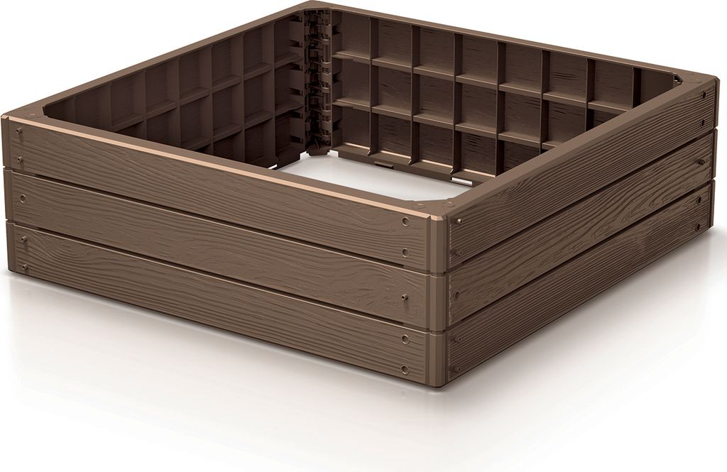 A brown, modular raised garden bed is shown against a white background.