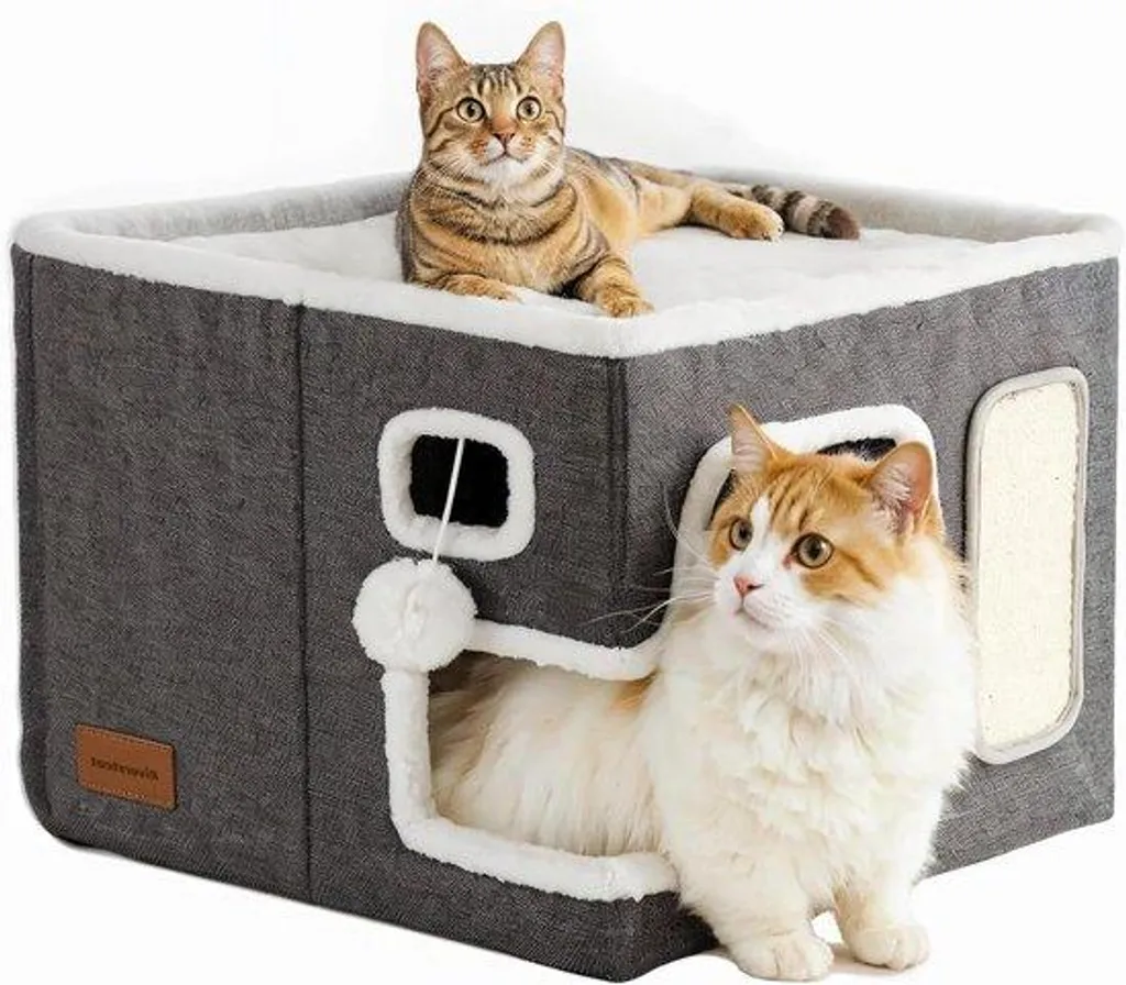 Maison pour chat design cube pliable en tissu gris avec griffoir latéral