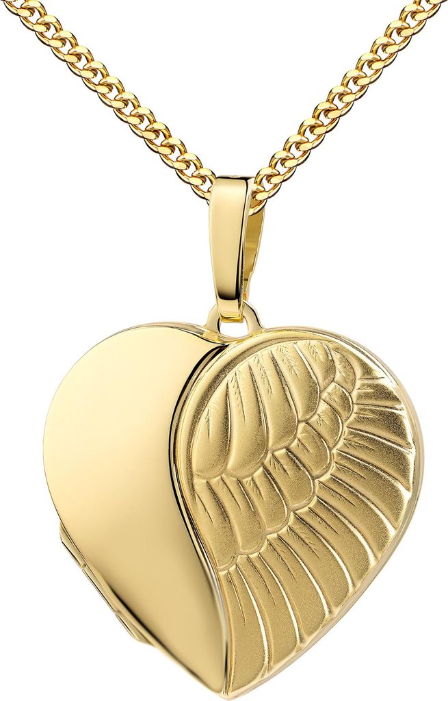 Großes Medaillon Herz - Engel-Flügel Bilderamulett vergoldet . Mit Kette 50 cm