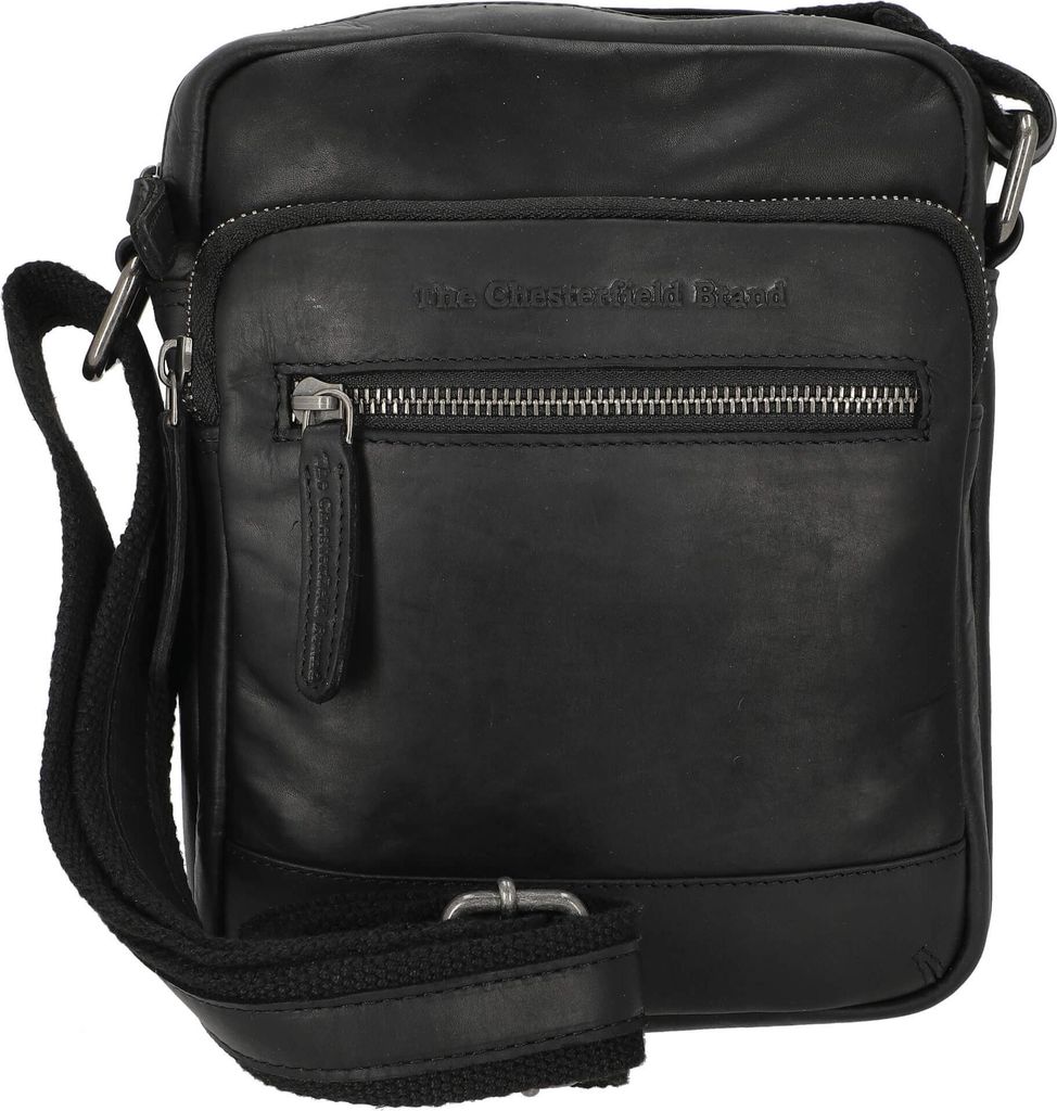 A black leather crossbody bag is shown against a white background.