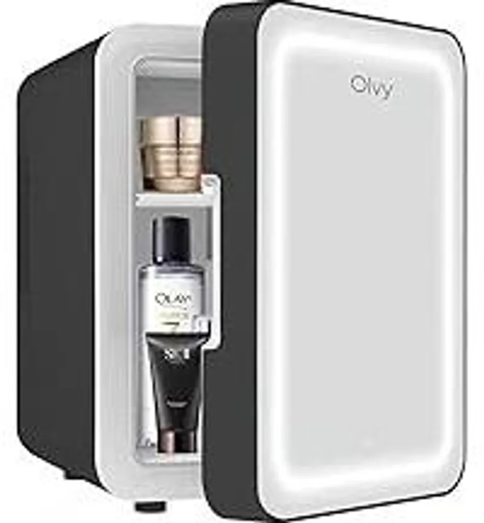 Olvy Frigorifero Cosmetico 4 Litri, Mini Frigorifero Portatile con Specchio LED, Piccolo Frigorifero per la Cura della Pelle, Fresco e Caldo per la Camera, Nero
