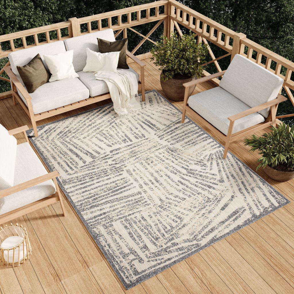 Teppich Outdoor Indoor Wohnzimmer Schlafzimmer Modern Design Terrasse Balkon Creme Grau 160 x 220 cm