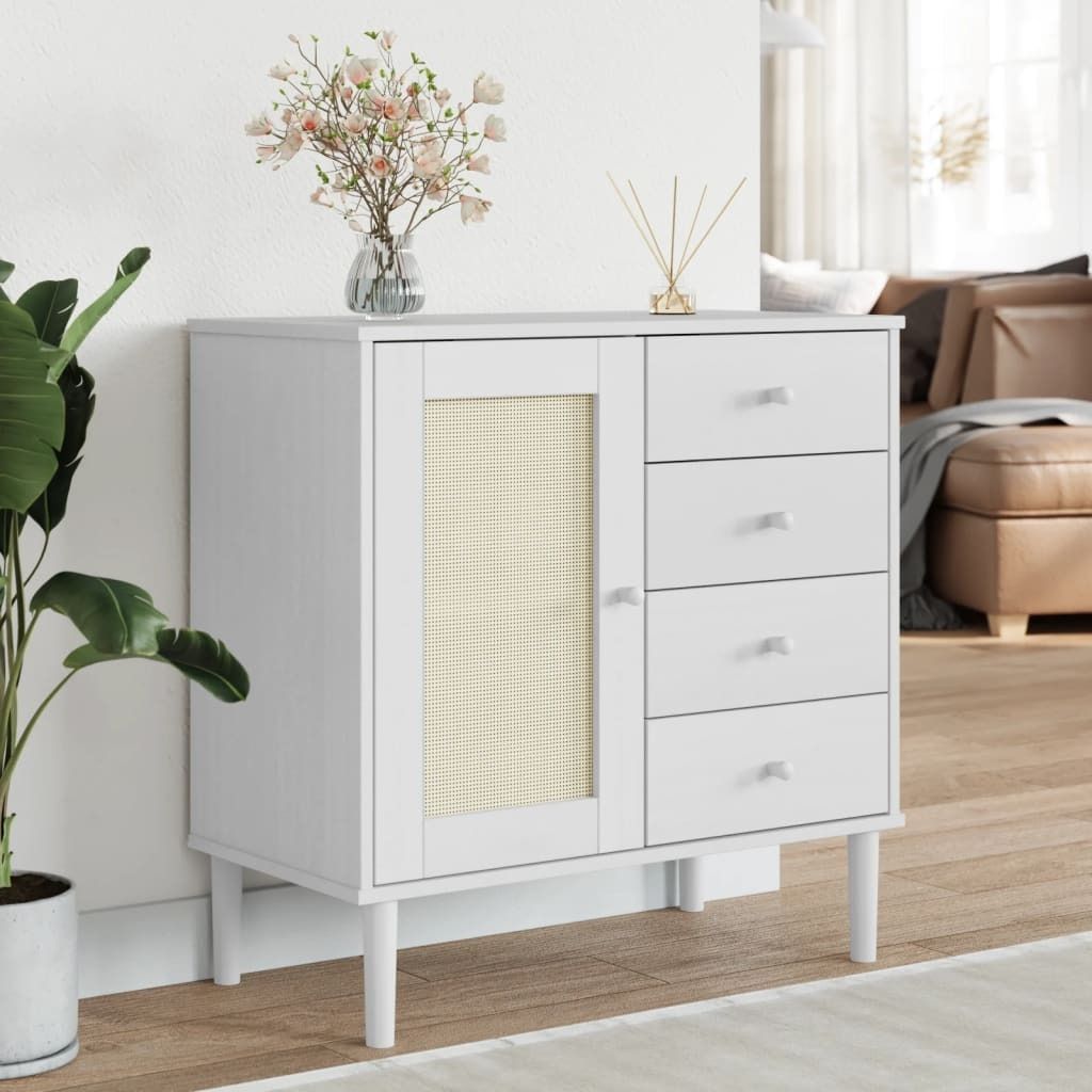 Cloris Designermöbel Sideboard SENJA Rattan-Optik Weiß 80x40x80 cm Kiefernholz 2024 Neu