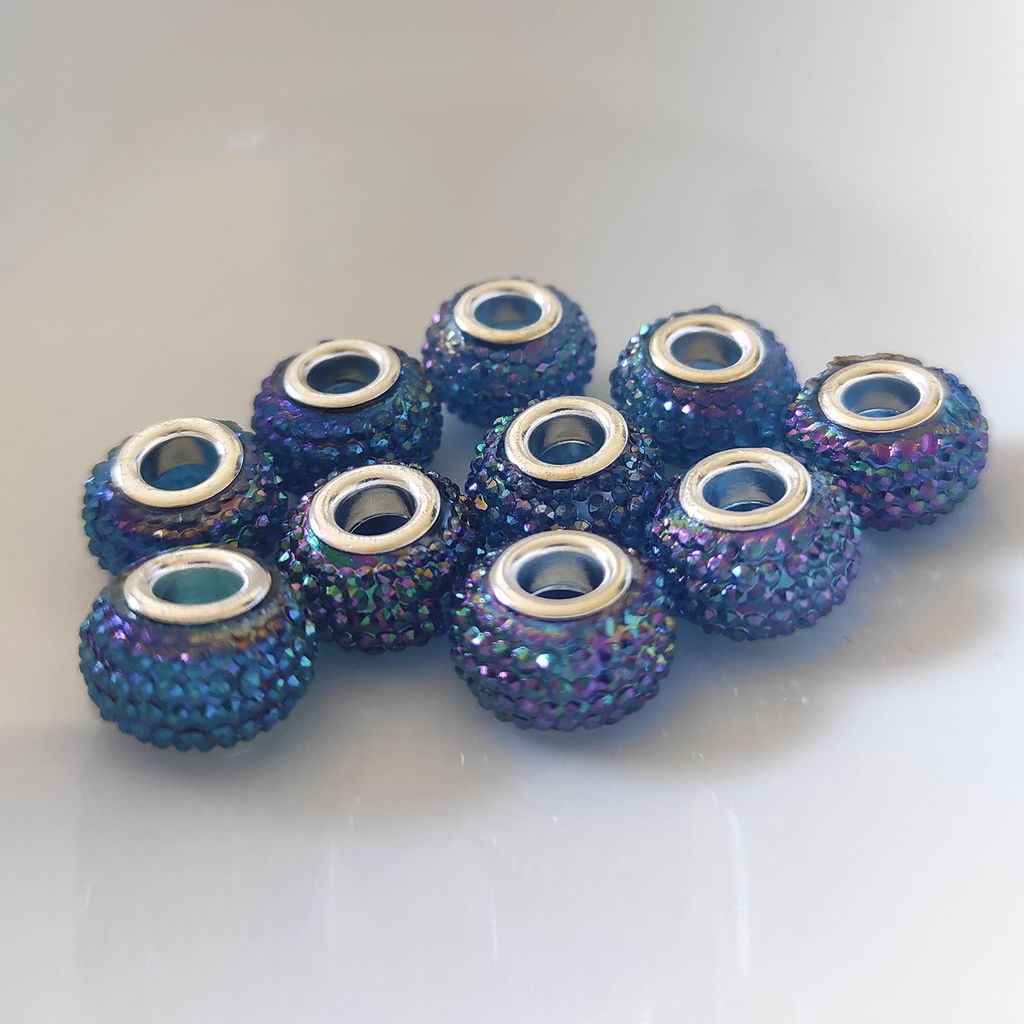 Großloch Spacer Charm Perlen Rondelle Bubble genoppt, 14 mm, 10 Stück, Blau