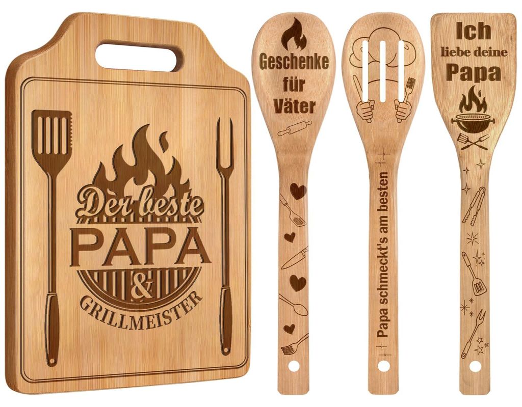 Geschenkidee für Papa – Graviertes Bambus-Schneidebrett-Set, das perfekte Geschenk für Papa zum Geburtstag, Vatertag oder zu Weihnachten.