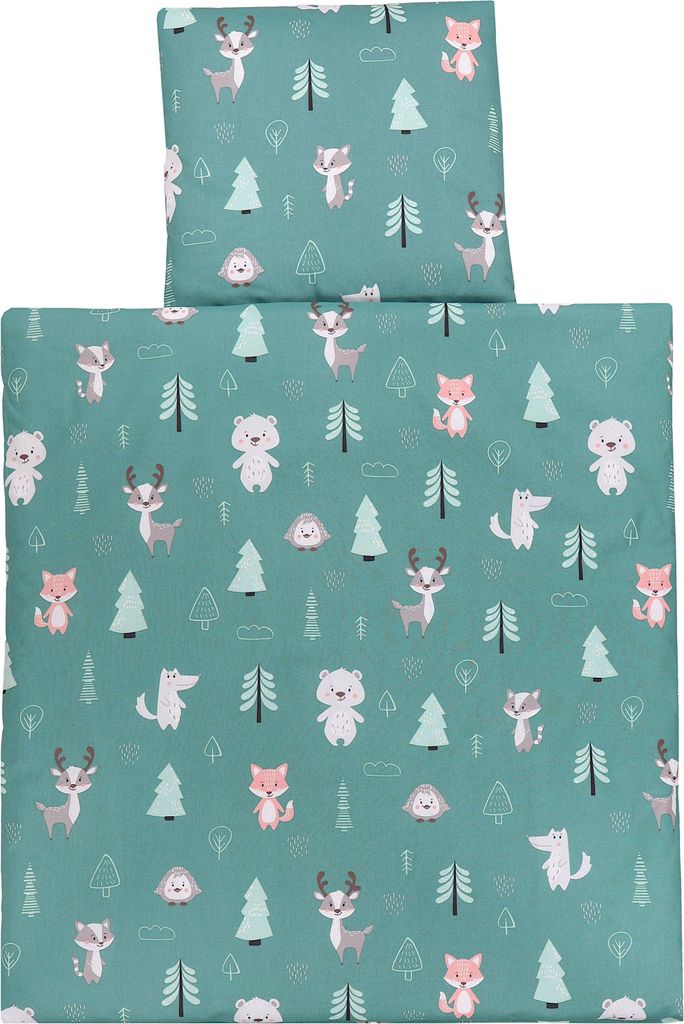 TupTam Unisex Baby Wiegenset 4-teilig Bettwäsche-Set: Bettdecke und Kopfkissen mit Bezug, Farbe: Wald / Fuchs / Reh / Igel / Bärchen / Grün, Gr...