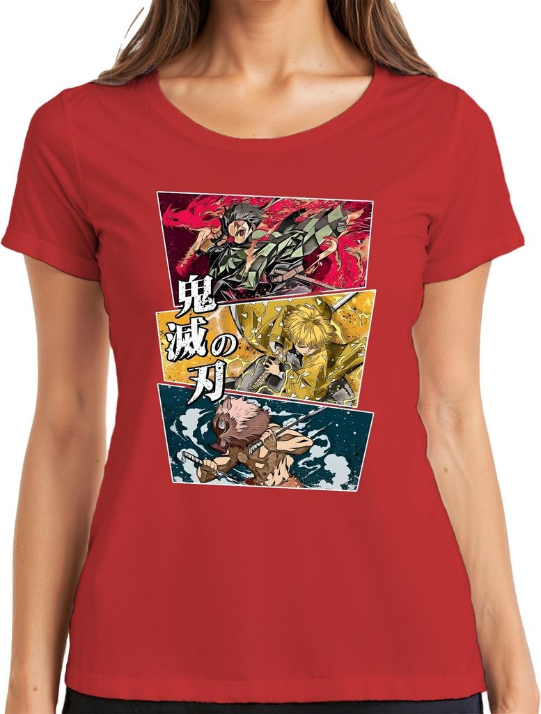 鬼滅の刃 Kimetsu no Yaiba Tanjiro Zenitsu Inosuke Anime Geschenk Damen T-Shirt, Rot, S