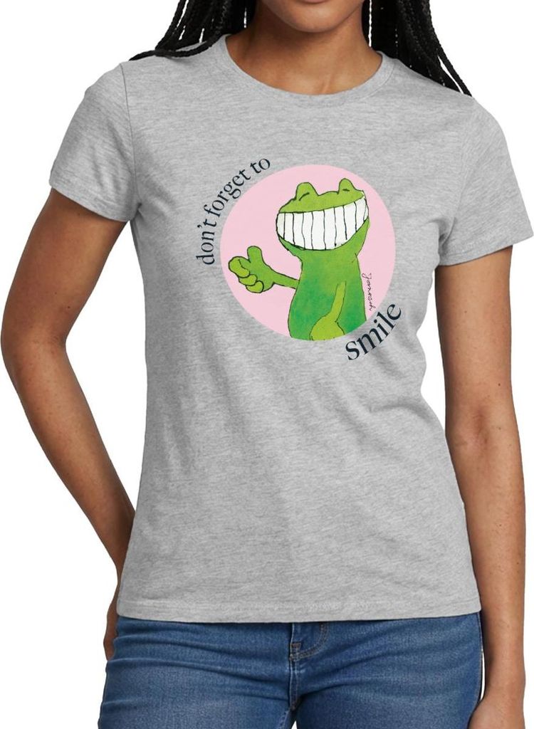 Spreadshirt Janosch Günter Kastenfrosch Don't Forget To Smile Frauen T-Shirt, XXL, Grau meliert