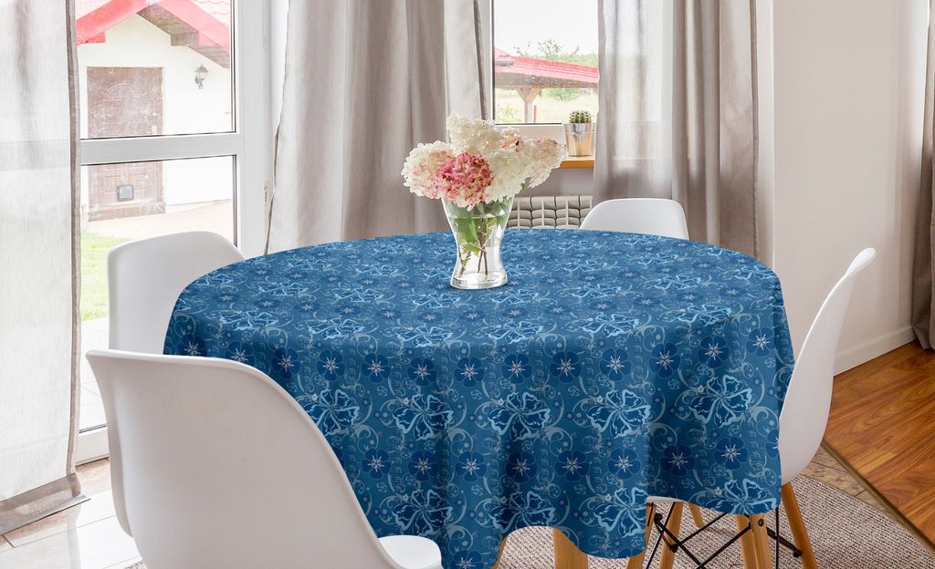 ABAKUHAUS Luau Runde Tischdecke, Blumenmuster, Kreis Tischdecke Abdeckung für Esszimmer Küche Dekoration, 150 cm, Petrol Blau Dunkelblau