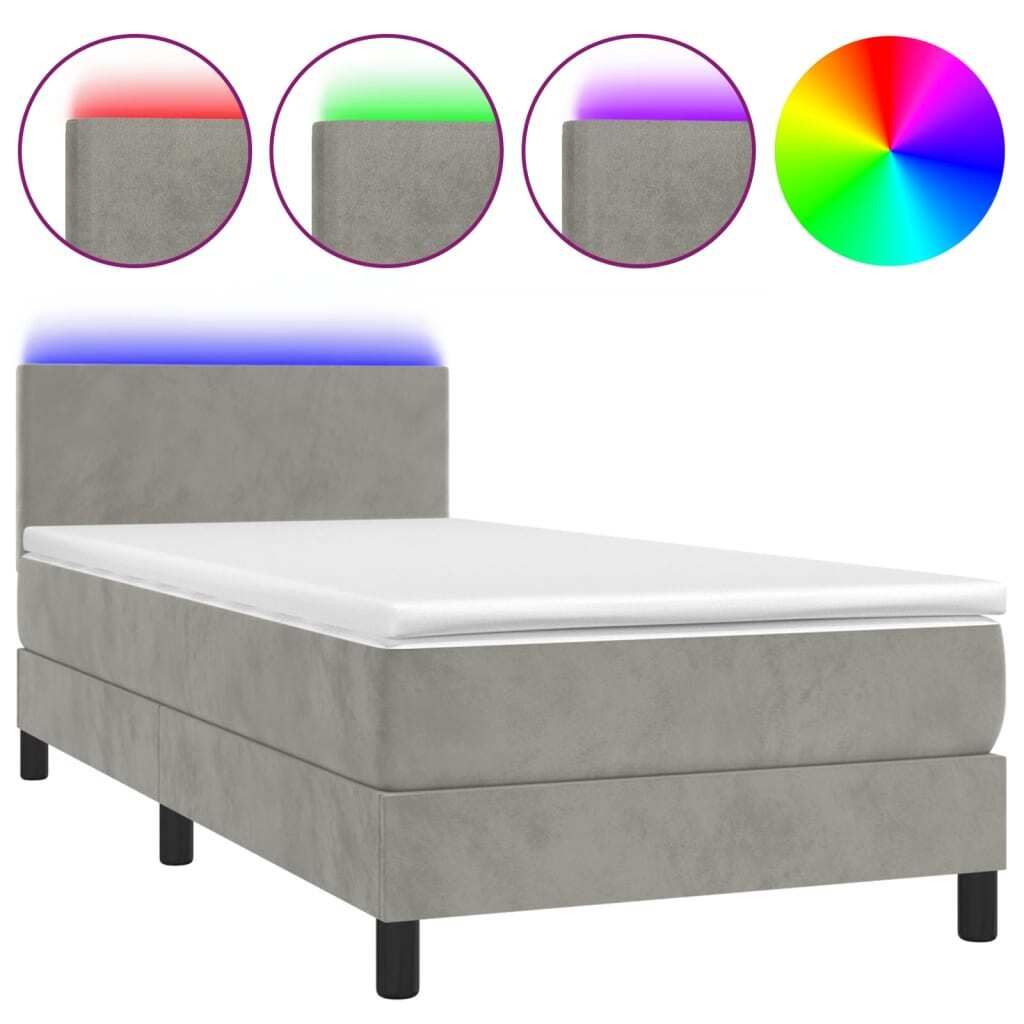 vidaXL Boxspringbett mit Matratze & LED Hellgrau 100x200 cm Samt