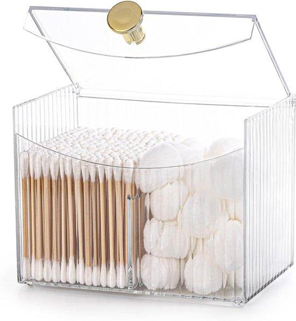Make-up remover pads in weiß-transparenter Organizerbox für Badezimmer und Frisiertisch mit Deckel - Praktische Aufbewahrung für Wattenstäbchen...