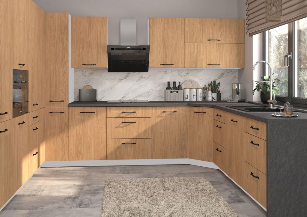 U-Form Küchenzeile CASELLA Einbauküche Holzoptik Farbe & Ausführung wählbar HETTICH InnoTech Atira Vollauszug Casella Eiche Natur grau