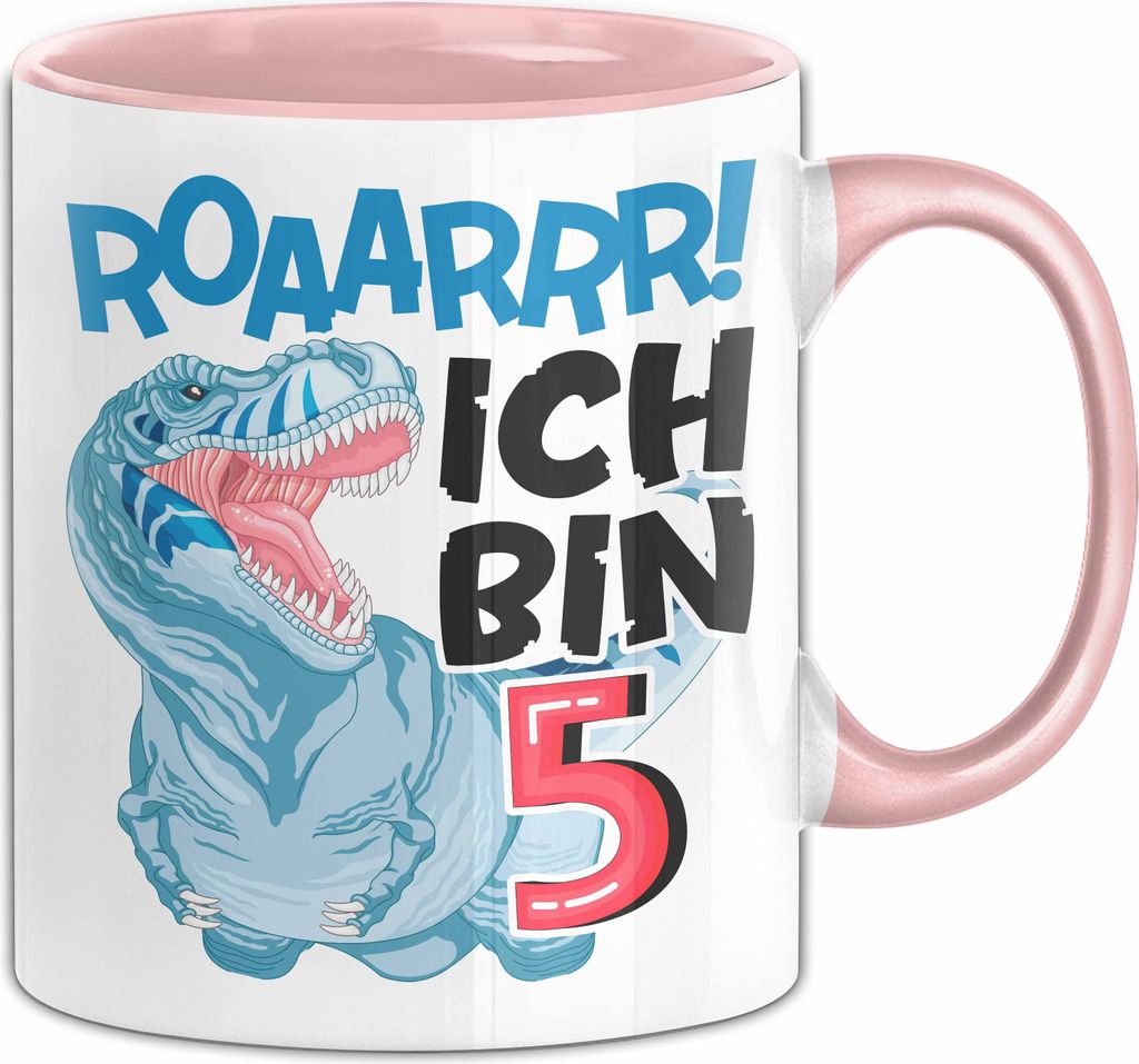 5. Geburtstag Geschenk Tasse Becher Jungs Dino T-Rex Roaarrr Ich Bin 5 (Rosa)