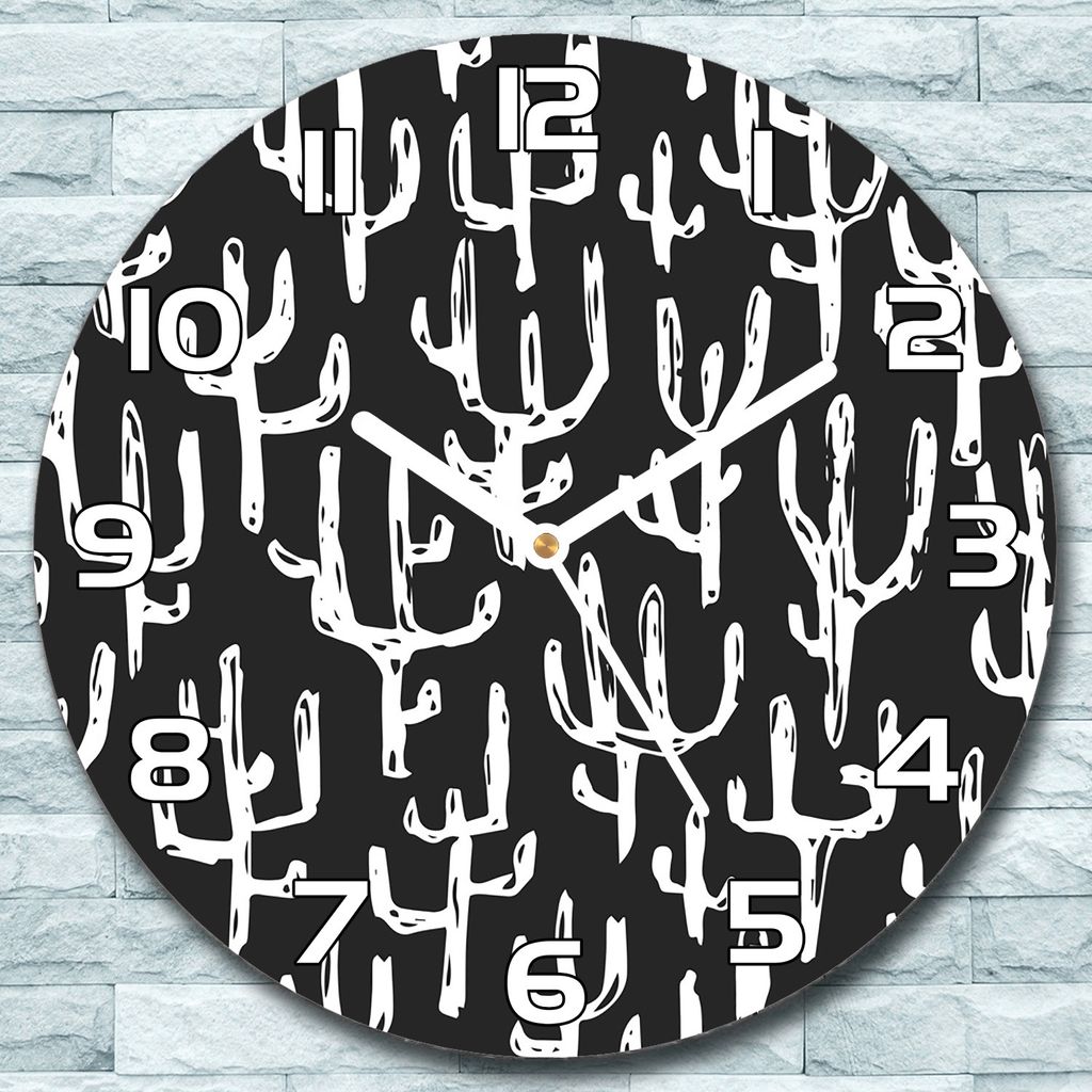 Wanduhr aus Glas Rund fi 30 Bemalte Kakteen Quarz Deko Wohnzimmer Büro