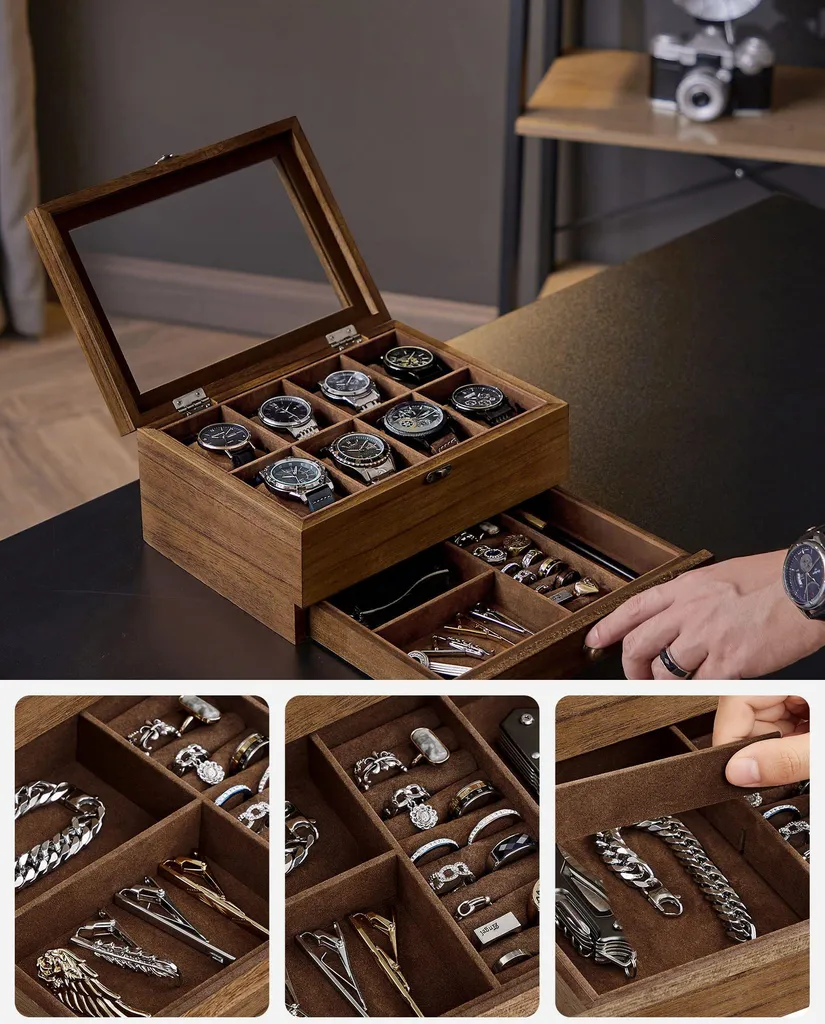 Coffret de rangement montres anti-rayures bois brun 8 emplacements - 5