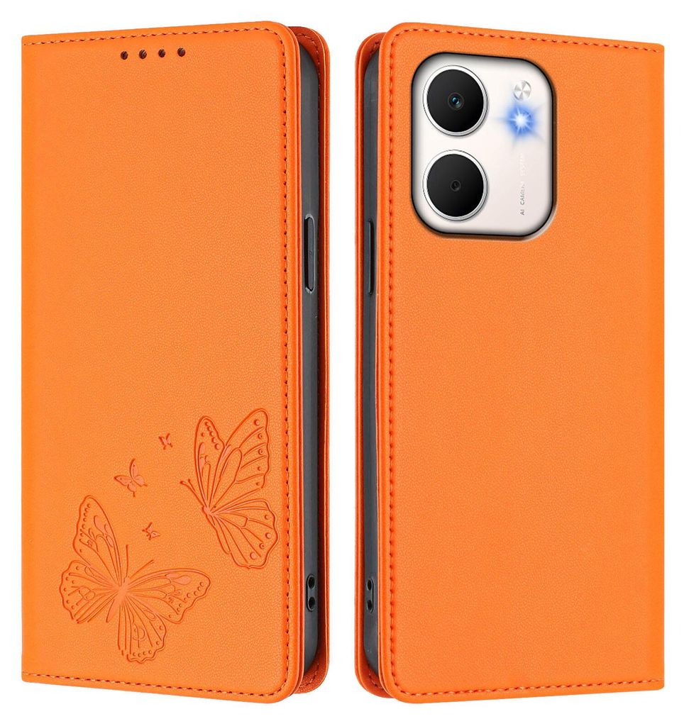 Lederhülle für Oppo A5X/Oppo A3 4G/Oppo A3 5G/Oppo A60, Schmetterling Prägung Leder Brieftasche Schutzhülle mit Ständer Orange